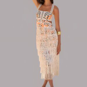 Anthropologie | Dresses | Anthropologie Linen Fringe Column Midi Dress  Orange Off White Size Xs | Poshmark